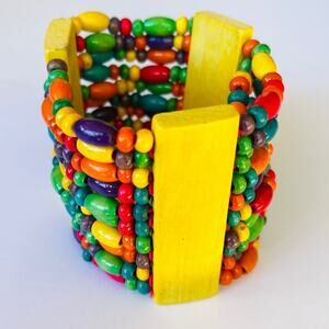 Rainbow Colorful Wooden Elastic Wide Beaded Bracelet EUC Boho Rave Summer Beach